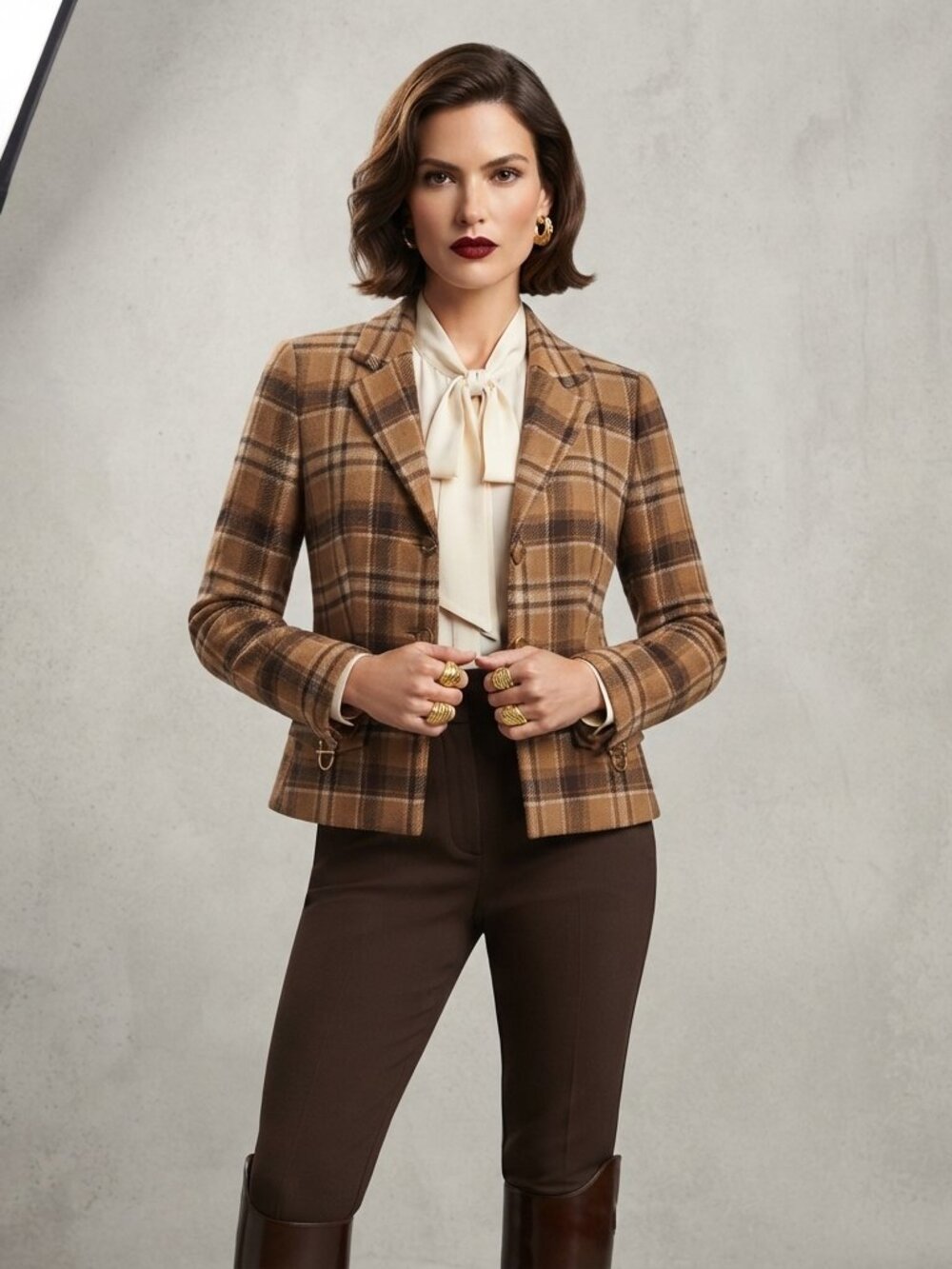 Jones New York Plaid Equestrian Blazer Jacket Tan Brown 10